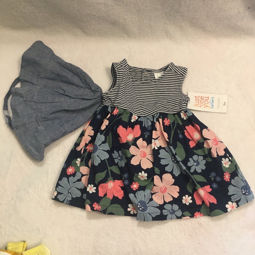 Just One You Carter's Floral Striped Dress Set‎ Baby Girl 3M Navy NWT Sleeveless